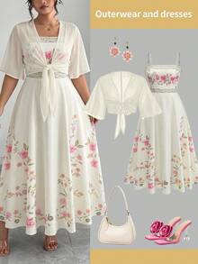 Franclia Plus Size Women's Fashion Pink Floral Chiffon Dress & Jacket 2-Piece Set,Elegant Summer Holiday Outfit,Tea Party Wedding Guest Spring Long Dress Fall - Light Yellow - View 9