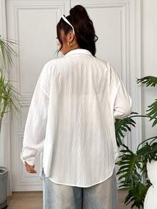 SHEIN EZwear 女款大尺碼前扣長袖休閒襯衫 - 白色 - 查看 2