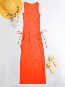 SHEIN Swim Drawstring Side Split Thigh Mesh Cover Up Dress,Summer Beach - Orange - View 4