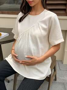 Dazy Maternity 小圓領套頭短袖白色春夏百搭日常穿著孕婦上衣 - 杏色 - 查看 6