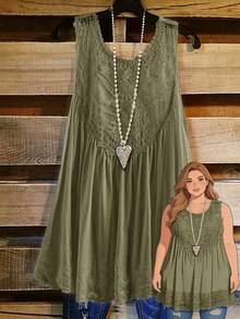 Rusticease Women's Plus Size Lace Patchwork Tank Top - Army Green - View 1