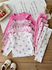 SHEIN Vintaside Kids 女嬰 0-3 歲 8 件組 春秋可愛休閒簡約外出套裝 4 件上衣與 4 件長褲 - 彩色 - 查看 3