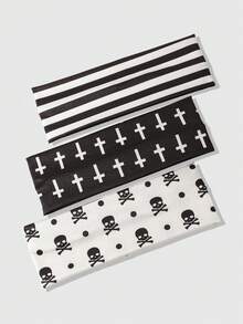 ROMWE Goth 3件組 Y2K 暗黑骷髏十字條紋印花街頭風女款髮箍，運動洗臉與外出通用女性髮飾 - 多色1 - 查看 1
