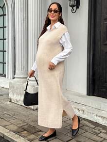 SHEIN 孕婦短袖羅紋針織毛衣洋裝，側開衩下擺 - 卡其色 - 查看 3