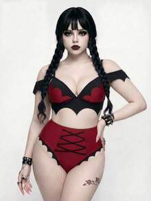 ROMWE Goth 大尺碼女款夏季海灘拼接色性感比基尼三角褲兩件式泳衣套裝 - 彩色 - 查看 3