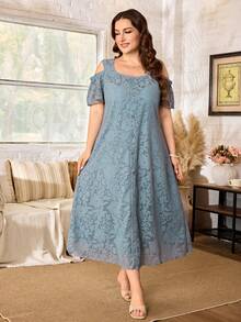 Lacomfia Gaun Minimalis Kasual Warna Polos dengan Renda, Leher Persegi, Bahu Terbuka, Lengan Pendek, Potongan Longgar, Ukuran Plus, Cocok untuk Musim Semi dan Musim Panas - Baby Blue - View 4