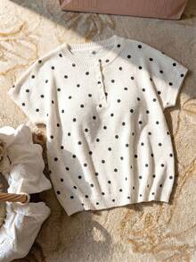 Elaquor Top tricoté décontracté à imprimé pois grande taille - Blanc - Voir 2