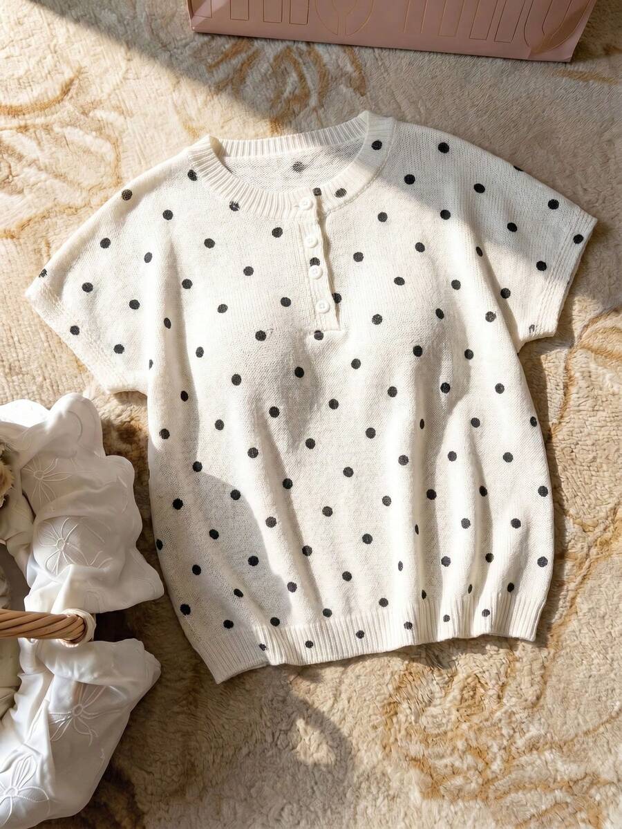 Elaquor Top tricoté décontracté à imprimé pois grande taille