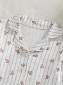 Toddler Simple Fashion Casual Bear Striped All-Over Print Knit Polo Short Sleeve & Shorts 2-Piece Set, Made Of Comfortable Flame-Retardant Fabric, Perfect For Boys' Home Leisure Wear - Multicolor - View 7