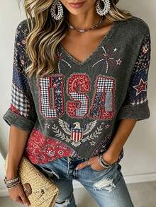 EMERY ROSE Women's Plus Size Fashion Graphic Print V-Neck Elastic Casual T-Shirt - Grey - View 5