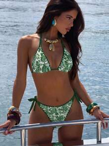Swim Vcay Set Bikini Halter Bermotif Modis untuk Wanita - Hijau - View 4