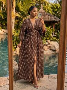 SHEIN Lady Plus Size Women's V-Neck Polka Dot Split Design Casual Party Summer Dress Fall - Multicolor - View 4