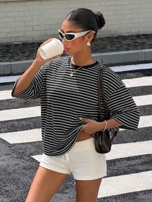 Muchica Women's Versatile Striped Colorblock Round Neck T-Shirt For Daily Wear - Black - View 3