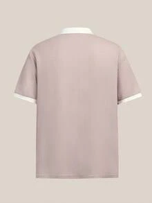 大尺碼男士對比色半拉鍊立領 Polo 衫，適合夏季、外出、秋冬穿著 - 淺粉色 - 查看 6