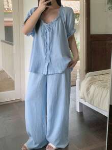 Dazy Plus Sweet Fresh Light Blue All Cotton Gathered Ruffle Design Loose Plus Size Women Spring Summer Loungewear Blue Pajama Set - Baby Blue - View 2