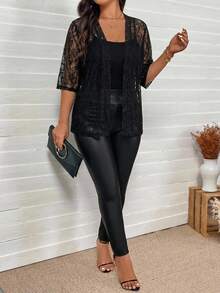 Comfylo Plus Size Women's Lace Half Sleeve Open Front Cardigan - Black - View 4