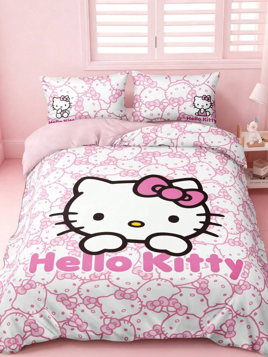 HELLO KITTY AND FRIENDS | SHEIN 3件組粉色完整版卡通圖案蝴蝶結裝飾被套組,卡通角色圖案,柔軟保暖材質,多尺寸適用單人床/雙人床/加大床/特大床,派對、節慶,可愛復古床上用品 - 淺粉色 - 查看 1