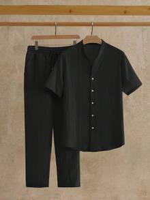 EASEVO 2pc Men's Plus Size Solid Color Shirt Set, Short Sleeve Single-Breasted Shirt And Drawstring Long Pants, Suitable For Dating, Vacation, Party, Beach - Black - View 5