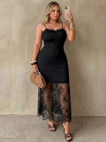 Auralis Vestido de tirantes elegante de talla grande con parches de encaje de unicolor para el verano - Negro - Ver 7