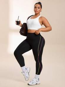 Easithlete Women's Plus Size Striped Pattern High Elasticity Tight Yoga Pants Suitable For Sports, Running, Fitness - Black - View 4