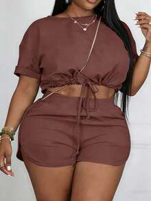 Slaydiva Slayr Plus Casual Solid Color Fitted Drawstring Split Hem Women's Plus Size Two Pieces Set, Outfits, Set, Summer, Two Pieces - Brown - View 1