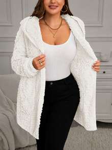 SHEIN LUNE 大尺碼女款愛心圖案雙面抓絨連帽外套 - 米色 - 查看 5