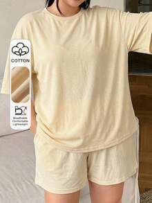 Dazy Plus Solid Color Knit Round Neck Top & Shorts Pajama Set Summer - Yellow - View 1