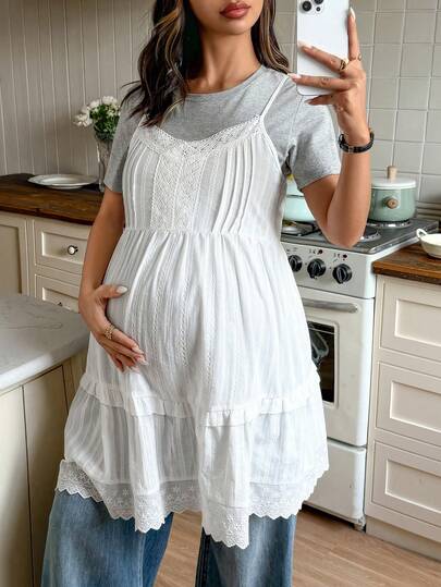 DAZY Contrast Lace Long Cute Versatile Layering White Spring Summer Autumn Maternity Tank Top & Camisole