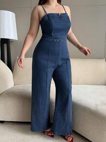 Dazy Plus Jumpsuit Denim Wanita Ukuran Besar Model Pas Badan dengan Tali Bahu Tipis, Warna Biru Tua Gaya Kasual Musim Semi/Panas - Dark Wash - View 5