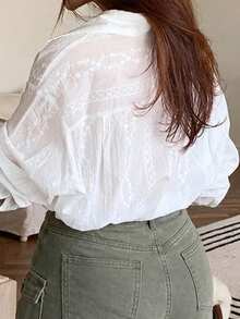 Dazy Plus Camisa Casual de Manga Longa Jacquard Fina Branca Versátil, Primavera/Outono - Branco - Visão 5