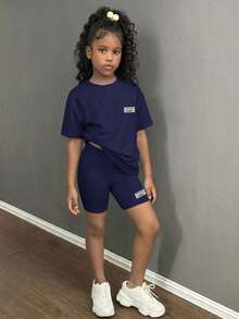 SHEIN Tween女孩休閒時尚街頭風寬鬆T恤與緊身單車短褲2件套 - 藏蓝色 - 查看 3