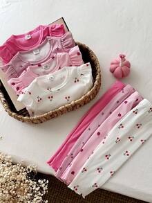 SHEIN Vintaside Kids 女嬰 0-3 歲 8 件組 春秋可愛休閒簡約外出套裝 4 件上衣與 4 件長褲 - 彩色 - 查看 5
