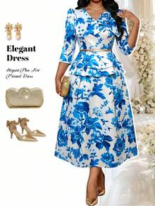 Fleurora Plus Size Women's Floral Print Waist-Cinching Slimming Pleated Asymmetrical Hem Elegant Ninang Skirt Wedding Evening Formal White Summer - Blue and White - View 5
