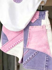 Setelan Lengan Pendek Denim Imitasi Motif Hati untuk Anak Perempuan, Gaya Korea Terbaru Musim Panas, Pakaian Kasual 2 Potong, Celana Pendek Denim Imitasi Motif Digital, Pakaian Sporty untuk Balita dan Anak-Anak, Warna Pink - Putih - View 4