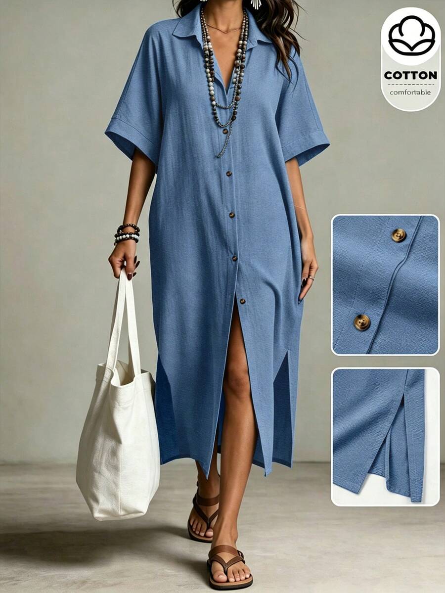 SHEIN 女款素色單排扣休閒日常穿著襯衫洋裝