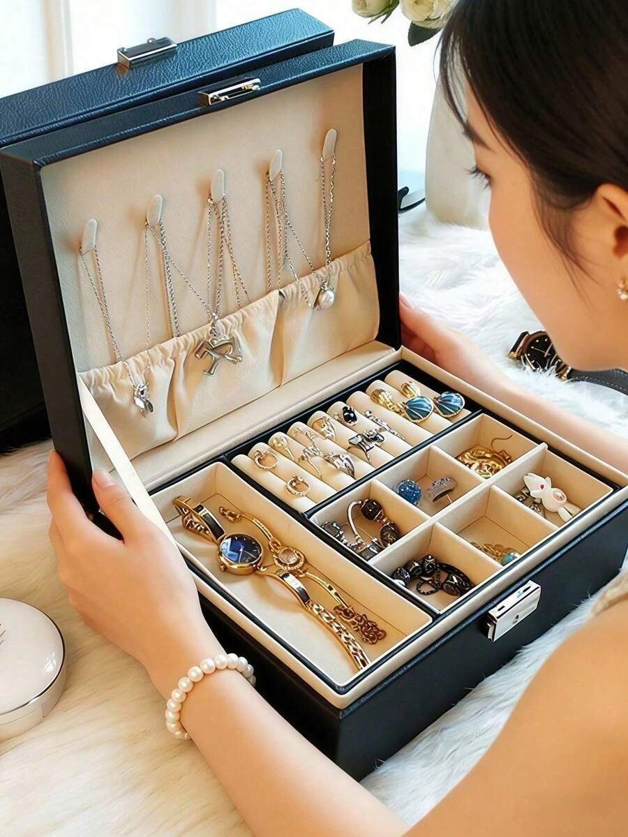 Lockable Double-Layer Large Capacity Jewelry Box, Luxury PU Leather Jewelry Storage Box, Desktop Organizer Container, Jewelry Accessory Holder For Necklaces, Earrings, Rings, Bracelets, Holiday Gift - Multicolor - View 1