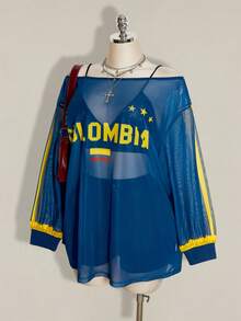 SHEIN ICON 大尺碼 Y2K 鄉村牛仔 90 年代復古龐克印花透視網紗寬開衩迷你洋裝，黃色與海軍藍，秋季度假外出演唱會穿搭 - 藍色 - 查看 4