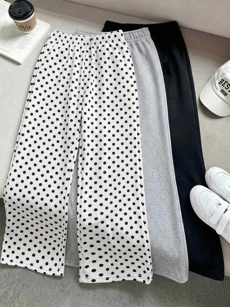 SHEIN 青少年女孩直筒寬腿寬鬆運動長褲 白色黑點數位印花 休閒時尚 百搭百搭 適合舞蹈、學校運動