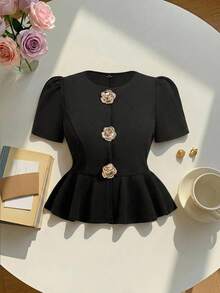 SHEIN MOD Plus Size 3D Floral Decor Ruffle Hem Black Top, Commuter Elegant, Urban Modern, Minimalist Vintage - Black - View 10