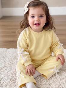 SHEIN 2 pièces Ensemble sweat-shirt à nœud tricoté et leggings de couleur unie pour bébé fille - Jaune citron - Voir 10
