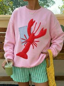 SHEIN EZwear 休閒圓領長袖寬鬆女款衛衣，粉色衛衣，龍蝦印花，度假，夏季，街頭風，適合日常通勤，約會，聚會，秋冬/夏季，派對，婚禮，海灘，畢業典禮，優雅，休閒，外出，Y2K，音樂節，假期，返校 - 粉色 - 查看 6