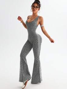 Slayform 1pc Leopard Print Twisted Back Waist Deep V Neck Flare Leg Jumpsuit - Grey - View 4
