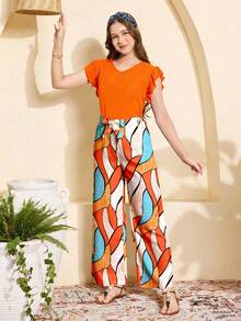 SHEIN Sparklyn Teen Girls Energetic Orange Summer Beach Vacation Holiday Set,V-Neck Cap Sleeve Top And Artistic Geometric Wide Leg Pants - Multicolor - View 4