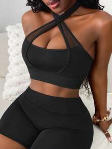 SHEIN BamGlam Women's Solid Color Criss-Cross Design Cropped Halter Neck Sports Tank Top - Black - View 1