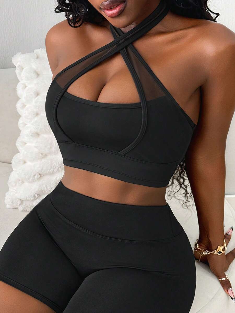 SHEIN BamGlam Women's Solid Color Criss-Cross Design Cropped Halter Neck Sports Tank Top - Black - View 1