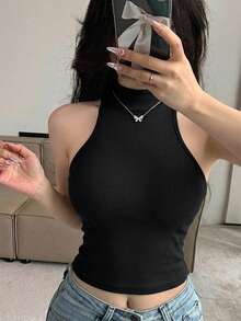 DAZY 女款素色立領無袖內搭背心 - 黑色 - 查看 7