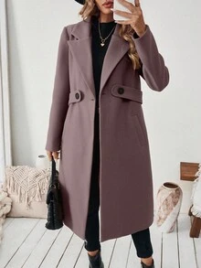 SHEIN 女款純色缺口領時尚百搭日常穿著羊毛大衣 - 紫色 - 查看 5