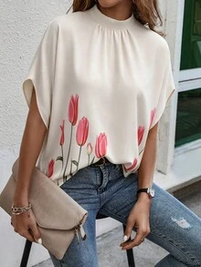 Louniche Women's Standard Size Spring/Summer Lace-Up Stand Collar Batwing Sleeve Leaf Multi-Color Print Loose Casual Vacation Blouse - Multicolor - View 1