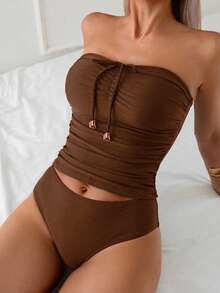 Swim Lushoire Elegant Versatile Slimming Ruched Strappy Bandeau Top - Mocha Brown - View 1