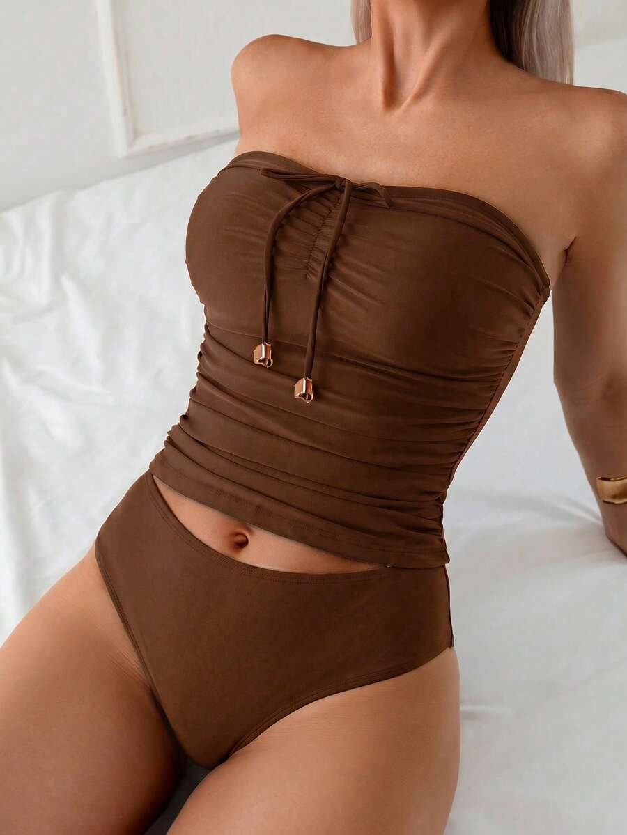 Swim Lushoire Elegant Versatile Slimming Ruched Strappy Bandeau Top - Mocha Brown - View 1